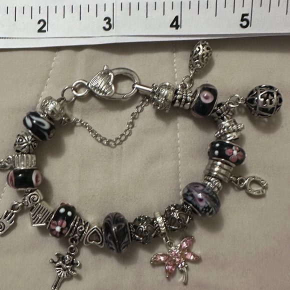 Handmade-NWOT- 925 SS plated charm bracelet, lamp work beads, & fun charms - Picture 3 of 14